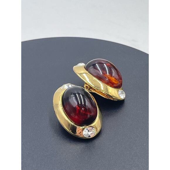 Kenneth Jay Lane Oval Brown Glass Cabochon Vintage Rhinestone Clip Earring‎ - Picture 15 of 16